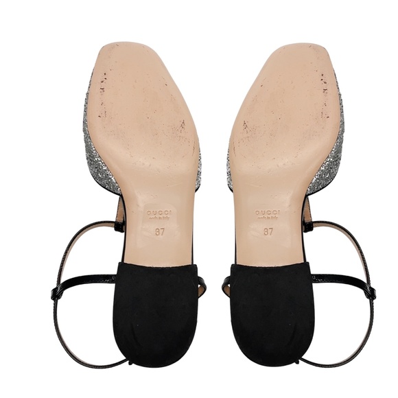 GUCCI SILVER GLITTER AND PATENT LEATHER DOUBLE G SLINGBACK BALLET FLATS - Picture 7 of 8